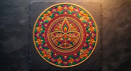 Fototapeta premium Colorful Diwali Rangoli Mandala on Dark Slate, Festive Home Decor Background for Seasonal Greeting Cards