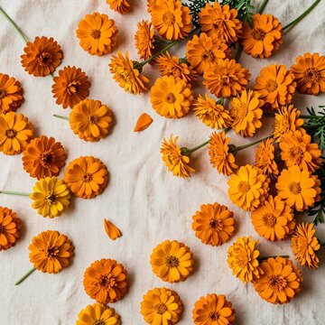 Vibrant Cempas&uacute;chil Marigold Flowers on Beige Linen, Dia de los Muertos Celebration Background for Social Media