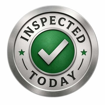 Modern metallic inspection quality assurance badge with a prominent green checkmark, signifying a successfully completed review