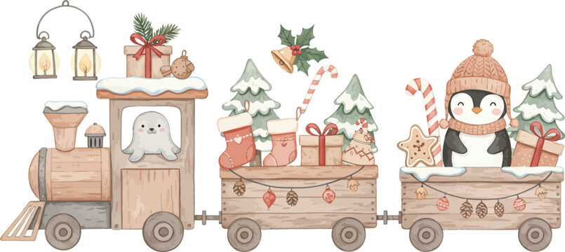 Watercolor illustration of a cute christmas train carrying presents and animals including a polar bear and a penguin for holidays