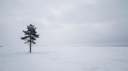 Fototapeta premium Lone Bare Pine Tree in Vast Snowy Field, Minimalist Winter Landscape Background for Website Header