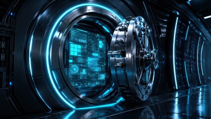 Fototapeta premium Futuristic Bank Vault with Digital Interface: A high-tech, illuminated vault door stands open, revealing a glowing digital interface with complex data streams.