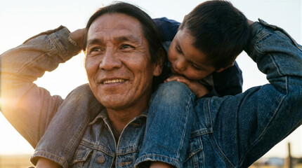 Fototapeta premium Indigenous man giving piggyback ride to small boy. Mature native american father carrying his son on shoulders outdoors. Parenting and generational bonding concept in rural landscape