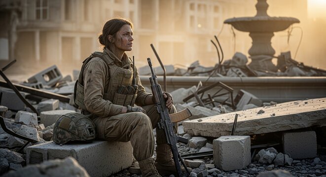 Determined Soldier Resting Amidst Ruined Urban Battlefield Under Dramatic Cinematic Lighting
