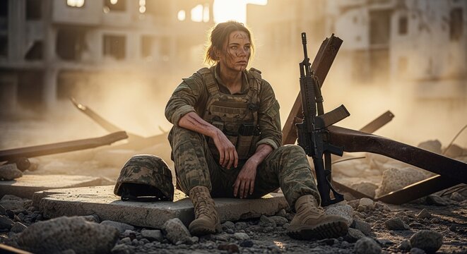 Soldier Taking Moment of Rest Amidst Destructed Urban Battlefield Under Harsh Lighting