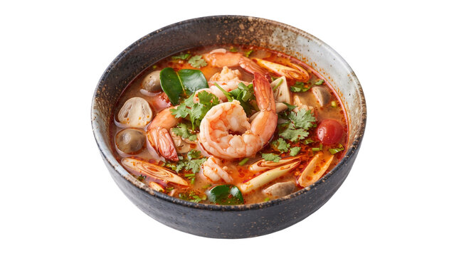 Authentic Tom Yum Goong soup with prawns, spicy Thai shrimp soup in ceramic bowl, traditional Asian seafood broth with lemongrass and mushrooms isolated PNG with Transparent Background