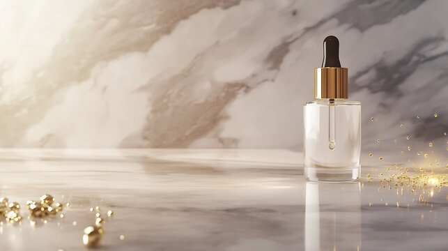 Glass Serum Bottle with Gold Dropper on Marble Surface