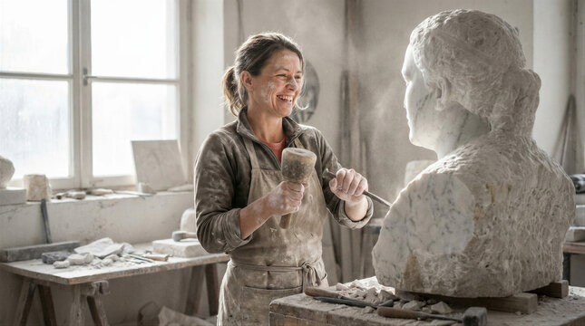Woman sculptor carving marble bust with chisel and mallet in art studio. Professional artisan shaping raw stone block to create portrait statue. Creative artistic craft production
