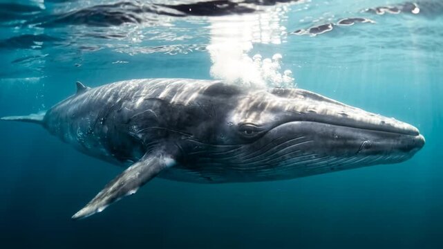 fin whale swimming underwater close up in mediterranean sea morning light video
