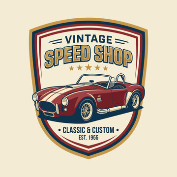 This logo design represents a classic car enthusiast's vintage speed shop, featuring a stylish sports car and elements that evoke nostalgia and passion for automobiles.