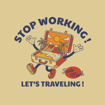 This fun image showcases a cartoonish suitcase filled with scenic landscapes, palm trees, and a bright sun, encouraging viewers to stop working and start traveling.
