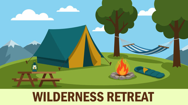 A tranquil wilderness retreat featuring a bright tent, campfire, hammock, and scenic mountains, inviting nature lovers to enjoy an escape into the serene beauty of the outdoors.