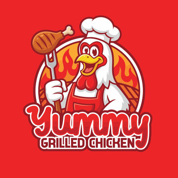 This fun image showcases a cheerful chicken character dressed as a chef, holding a grilled chicken leg, representing the joy of cooking and serving delightful meals.