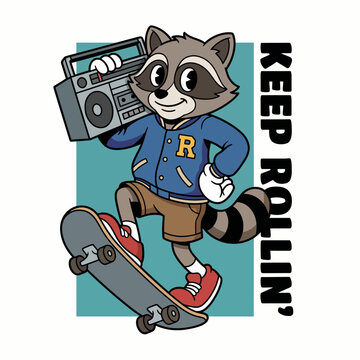 A cool raccoon in casual wear skates confidently holding a boombox, embodying fun and urban youth culture, perfect for skateboarding and music enthusiasts.