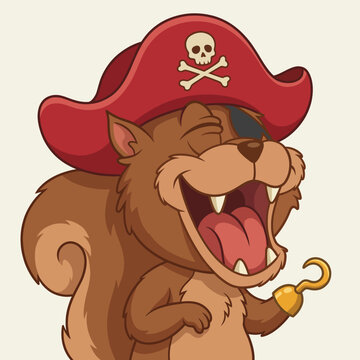 This vibrant illustration features a cheerful pirate squirrel with a classic hat, eyepatch, and a hook, radiating a playful and adventurous spirit perfect for kids' content.