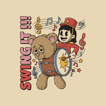 A whimsical illustration featuring a bear and a toy soldier playing the drums, encapsulating fun and musical joy in a playful and colorful art style.