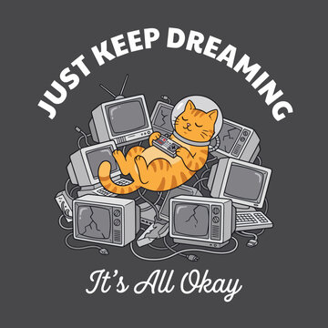 Delight in the whimsical illustration of an orange cat nestled on a pile of vintage computers, combining nostalgia with charm in a relaxing cosmic environment.