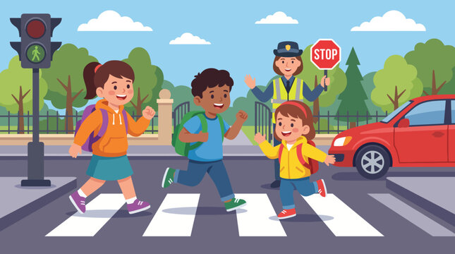 This image features cheerful children happily crossing a crosswalk under the watchful eye of a traffic officer, capturing the essence of safety and community.