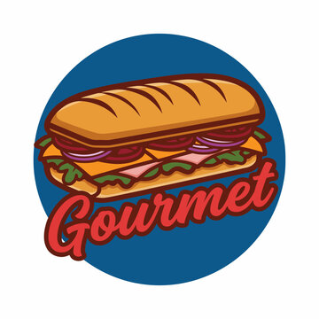 A vibrant gourmet sandwich logo featuring fresh ingredients like ham, cheese, and vegetables, perfect for promoting a food business or restaurant concept with flair.