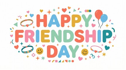 Fototapeta premium Happy Friendship Day Colorful Flat Typography Vector with Hearts and Decorative Elements