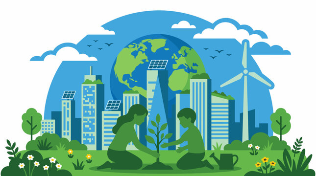 This illustration captures the essence of eco-friendliness, featuring children planting a tree in a vibrant urban setting, representing sustainability and nurturing the environment.