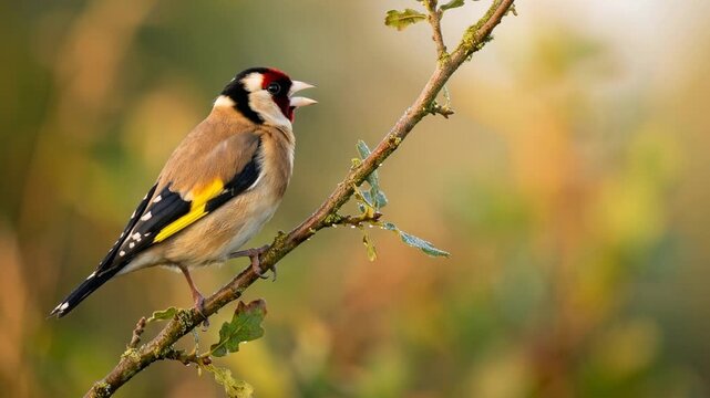Finch bird singing close up in english woodland morning light video