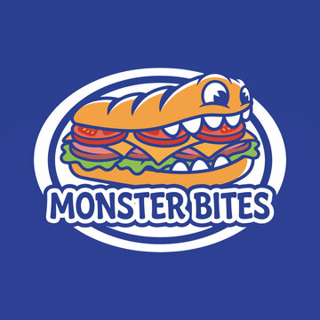 This playful logo features a cartoon sandwich with monster features, showcasing a fun blend of food and whimsy, perfect for a kid-friendly eatery or food brand.