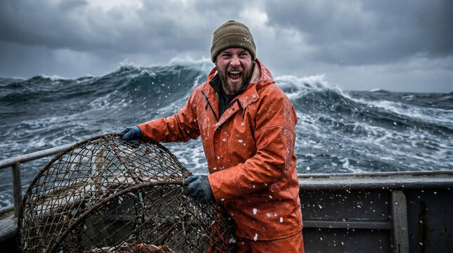 Fisherman working on deck of a boat during a storm. Man wearing waterproof gear holding a crab trap on an ocean vessel. Industrial fishing labor, maritime resilience and sea adventure