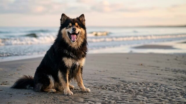 finnish lapphund at baltic sea beach close up morning light video