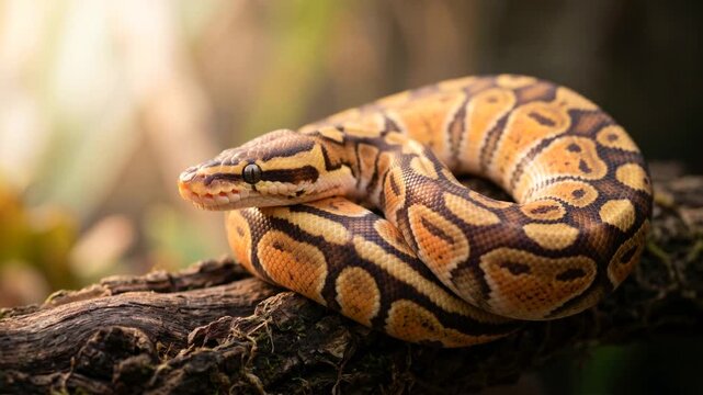 fire ball python close up in west african rainforest morning light video