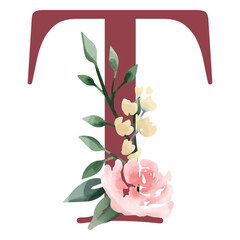 Obraz premium The letter t with flowers and leaves