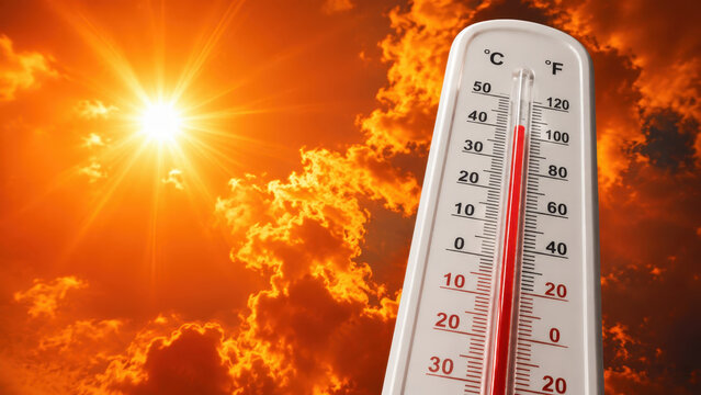 Extreme summer heatwave with high temperature thermometer highlighting climate change, dangerous weather and public health emergency el nino