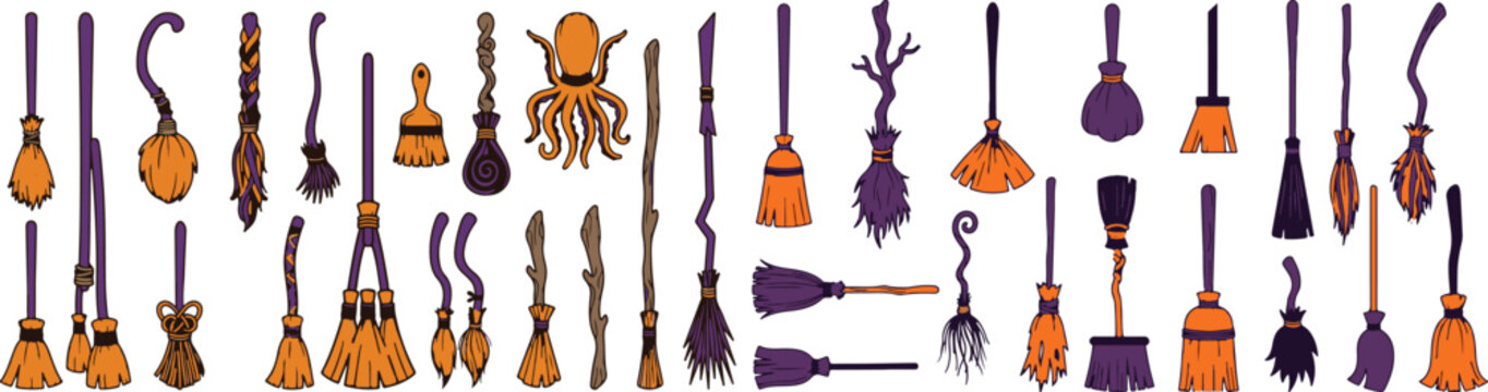 Halloween witch brooms and broomsticks for spooky decorations and party supplies
