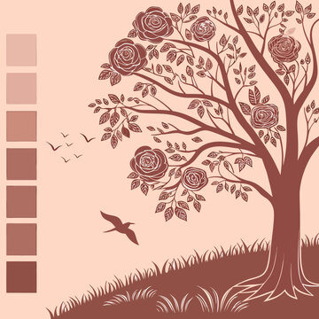 Vintage floral rose tree illustration with color palette swatches, botanical