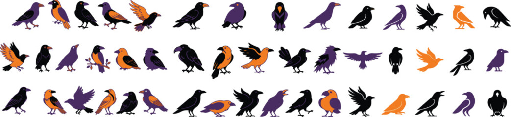Obraz premium Halloween bird illustrations spooky crow and raven silhouettes for autumn decor