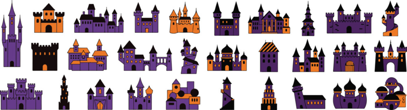 Halloween castle clip art spooky purple and orange castle illustrations for halloween decorations and party themes