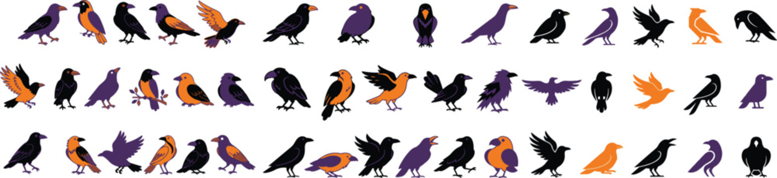 Halloween bird illustrations spooky crow and raven silhouettes for autumn decor