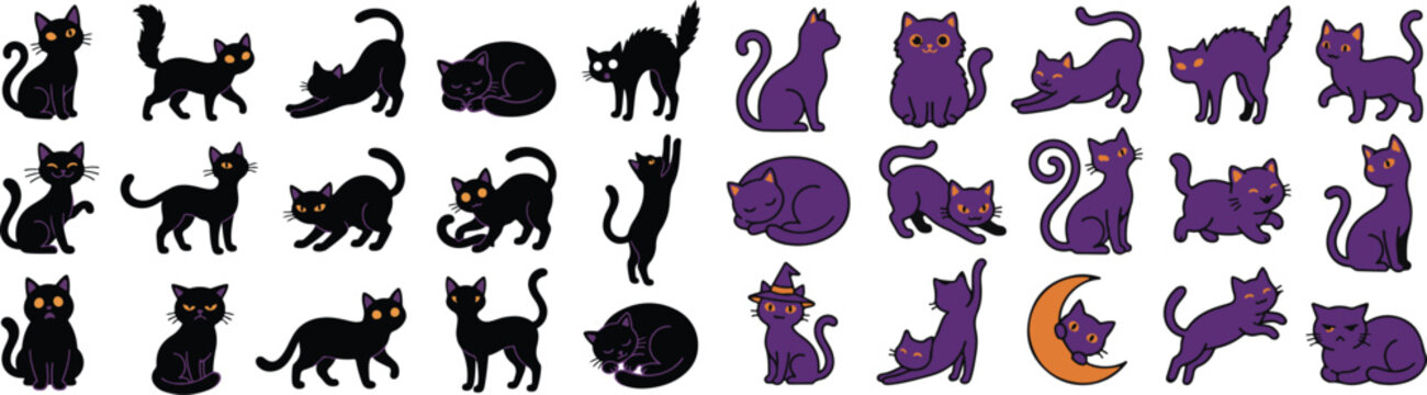 Halloween black and purple cats collection for spooky decorations and party themes