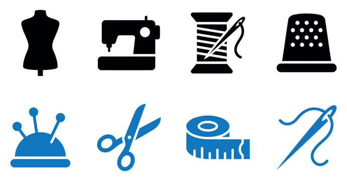 Set of sewing and tailoring icons featuring a mannequin sewing machine thread scissors and measuring tape Vector, illustration