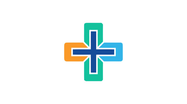 A close-up shot of a colorful cross symbol with orange, green, blue, and dark blue hues.