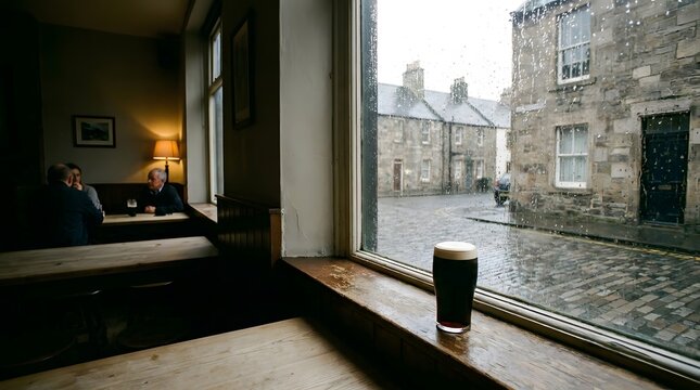 International Beer Day image of stout pint by rainy pub window