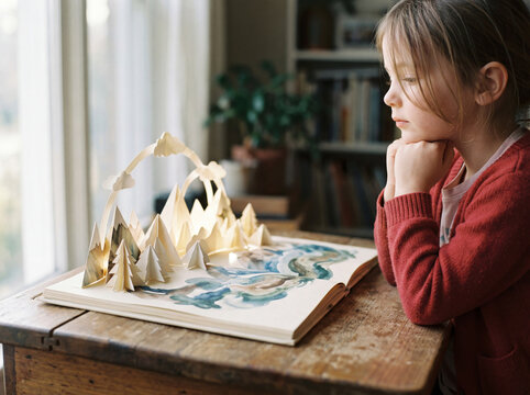 Young girl captivated by an illuminated pop up storybook with a magical paper landscape inspiring imagination creativity and a love of reading