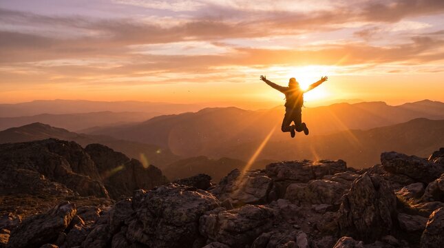 A person leaps for joy at the summit of a mountain as the sun sets, casting a warm, golden glow over the landscape
