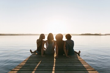 Fototapeta premium Four Friends Relaxing on Dock by Lake at Sunset