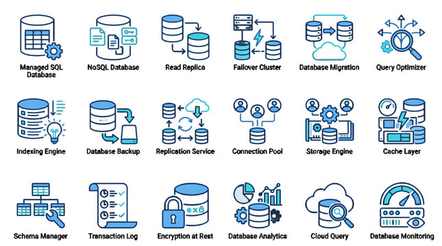 Set of 18 two-colour outline icons for database management and cloud computing featuring SQL NoSQL migration backup encryption analytics system monitoring.