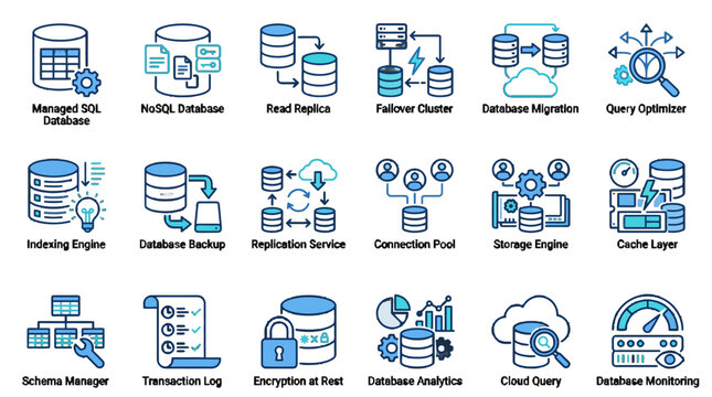 Comprehensive set of 18 two-colour outline icons featuring database management, cloud storage, SQL, NoSQL, data migration, security encryption and analytics tools.