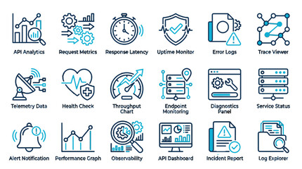 Fototapeta premium Comprehensive set of 18 two-colour outline icons for API analytics and performance monitoring featuring telemetry data health checks observability and logs.