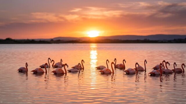 flamingos floating at sunset light in lake nakuru kenya video