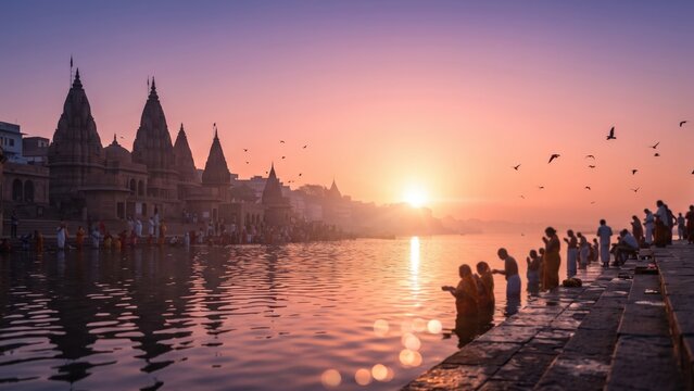 Sunrise River Ghat Pilgrimage &ndash; Hindu Devotees Offering Arghya Prayer.
