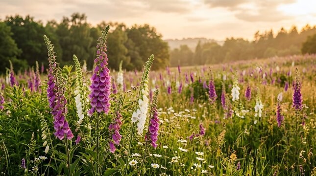Purple foxglove wildflowers in a lush meadow at sunset vibrant natural scenery
